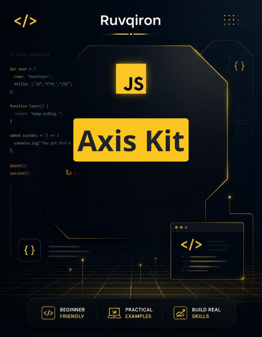 Promotional graphic for Ruvqiron Axis Kit with code elements and branding on a dark background