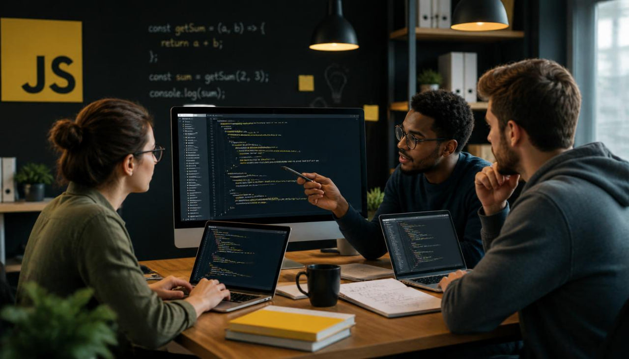 Three developers working together at a desk with code displayed on screens.