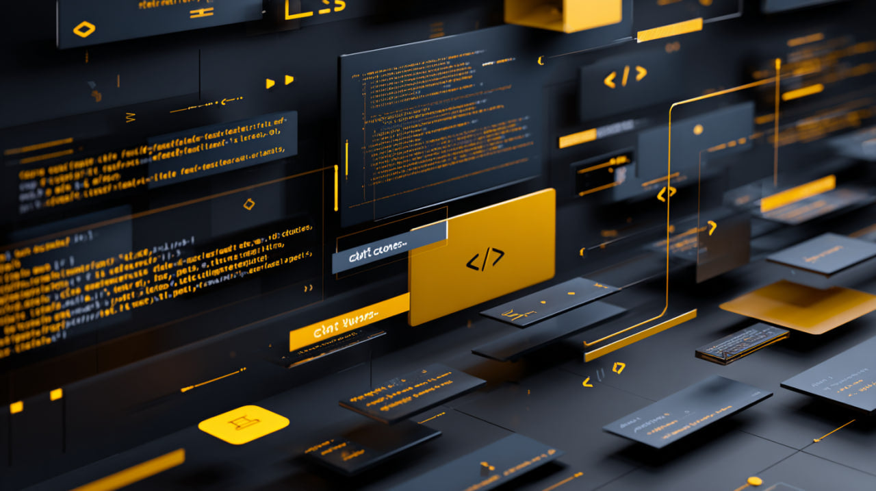 Technical interface with code and interface elements on a dark background