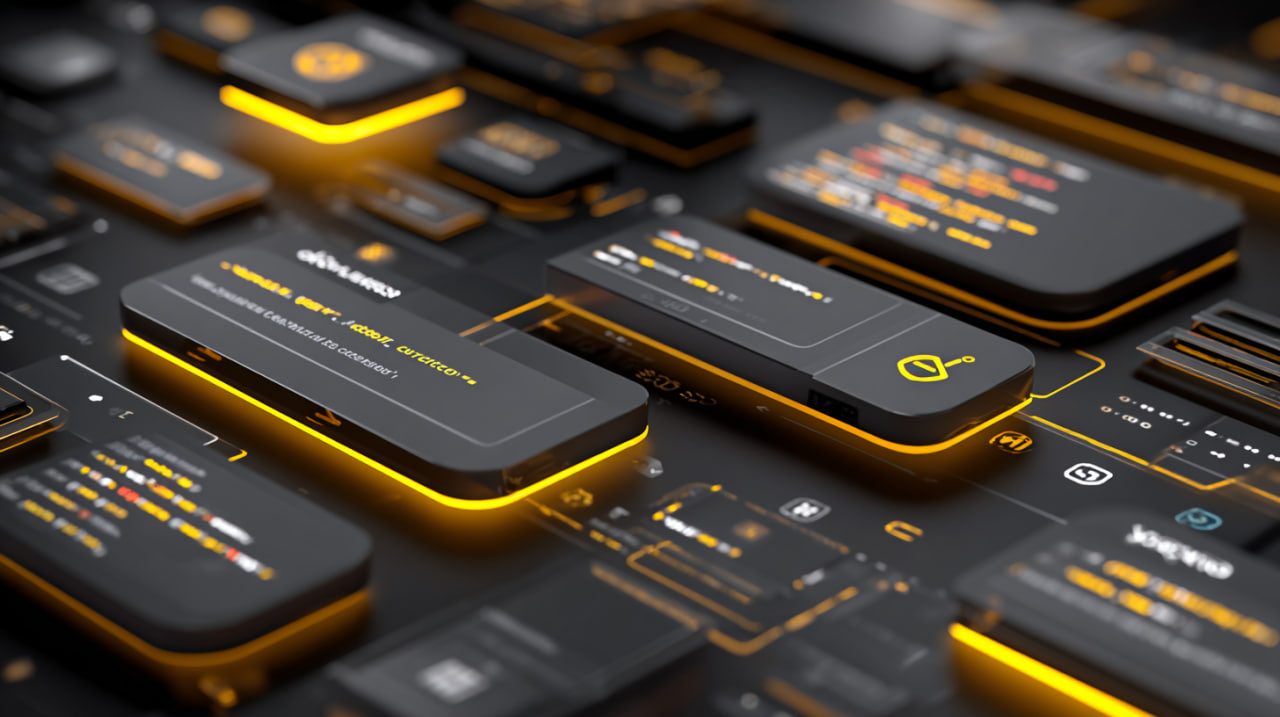 Close-up of a futuristic control panel with illuminated buttons and displays.