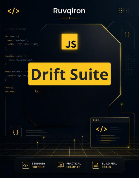 Promotional graphic for Ruvqiron Drift Suite with code elements and branding.