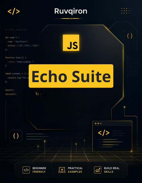 Promotional graphic for Ruvqiron Echo Suite with JavaScript logo on a dark background