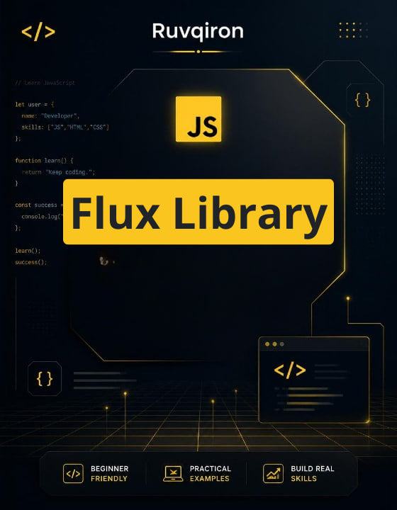 Promotional graphic for Ruvqiron Flux Library with code elements and branding.