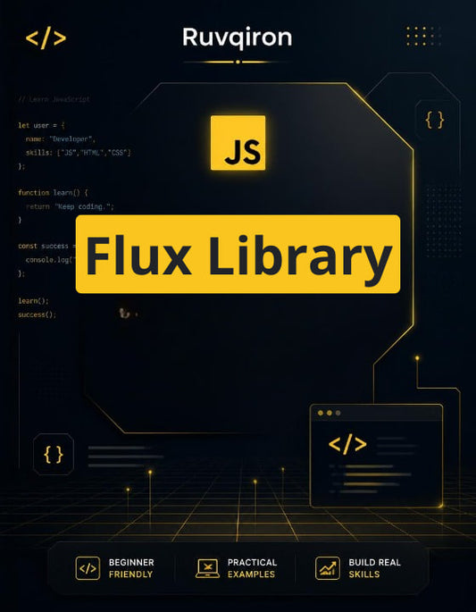 Promotional graphic for Ruvqiron Flux Library with code elements and branding.