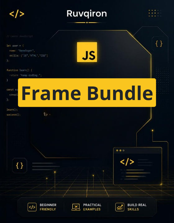 Promotional graphic for Ruvqiron JS Frame Bundle with code elements and text on a dark background.