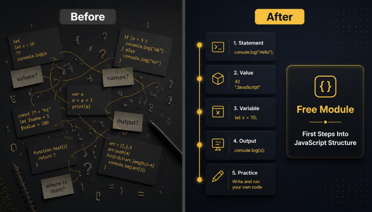 Before and after comparison of a JavaScript code module on a dark background