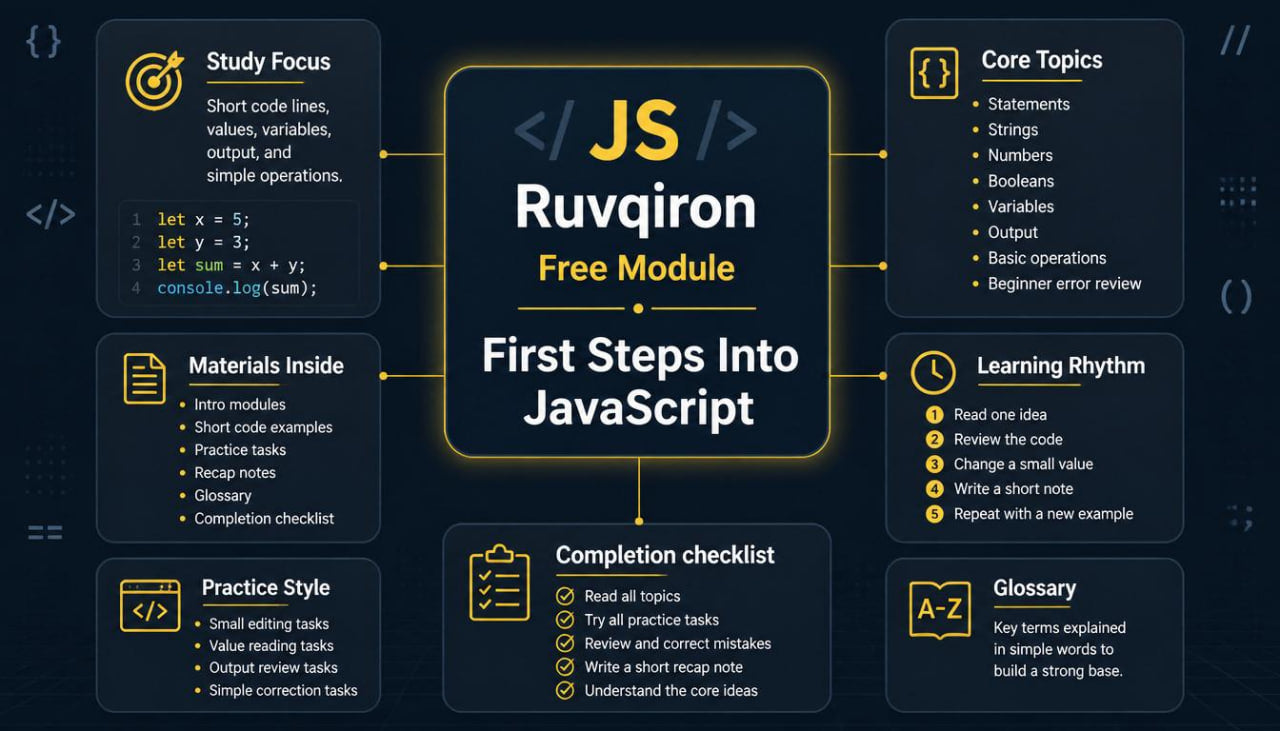 Promotional graphic for Ruvqiron's 'First Steps Into JavaScript' free module on a dark background with text and icons.