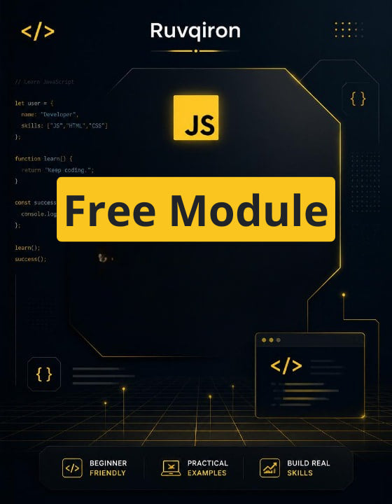 Promotional graphic for Ruvqiron's free JavaScript module with code elements and branding.