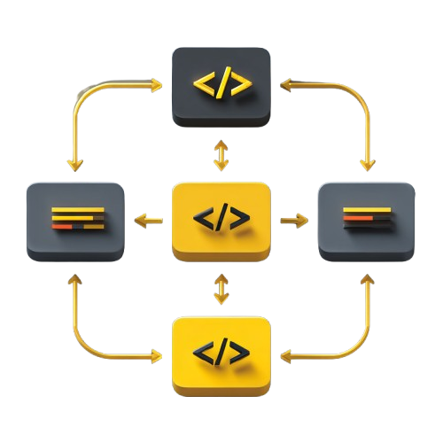 Diagram with code symbols and arrows on a white background