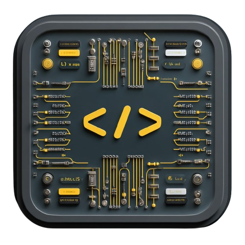 Electronic circuit board with yellow symbols on a white background