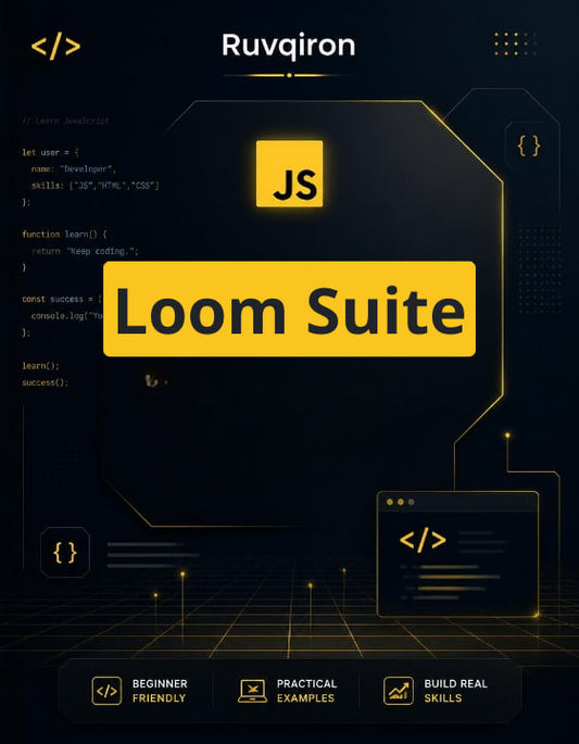 Promotional graphic for Ruvqiron Loom Suite with code elements and branding.