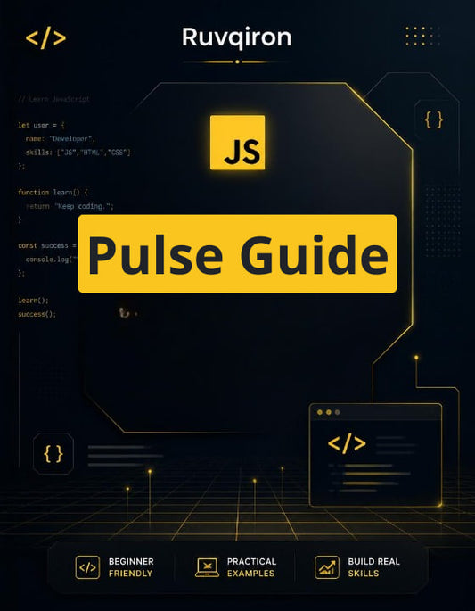 Book cover of 'Ruvqiron JS Pulse Guide' with code snippets and technical design elements.