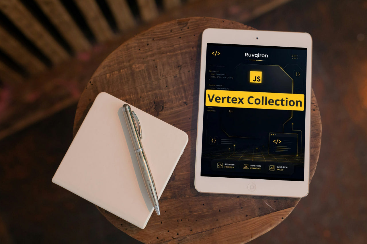 Tablet displaying a 'Vertex Collection' app on a wooden table with a notebook and pen.